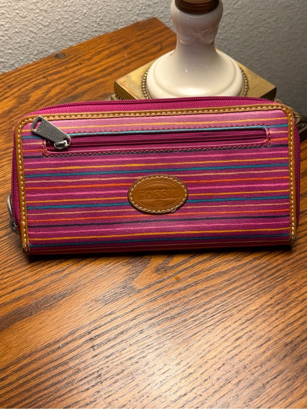 Fossil Multistripe Pink Zip-Around Wallet with Tan Leather Trim